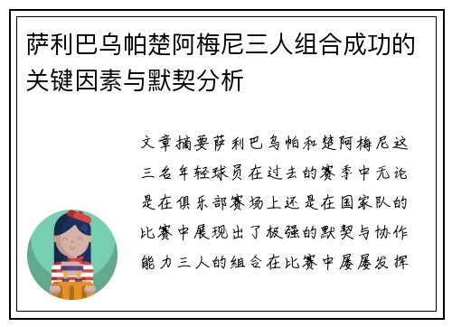 萨利巴乌帕楚阿梅尼三人组合成功的关键因素与默契分析